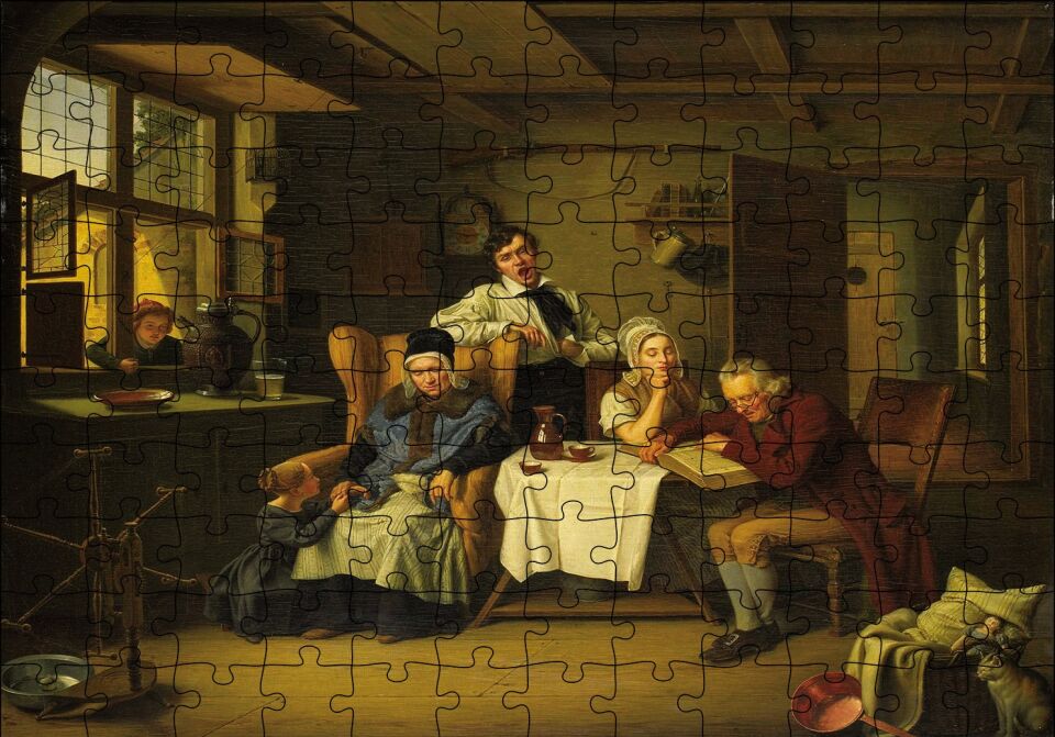 İncil Okuyan Aile Yağlı Boya Puzzle Yapboz MDF Ahşap