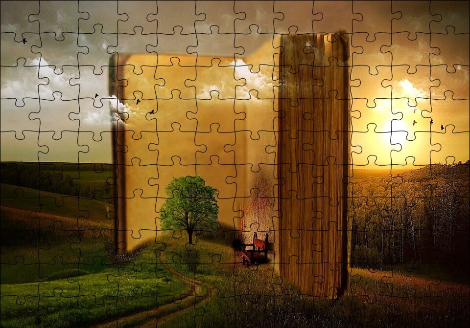 Açık Kitap ve Tabiat İllüstrasyon Puzzle Yapboz MDF Ahşap 120 Parça 24 cm X 34 cm