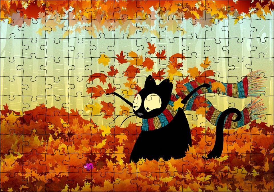 Sonbahar Atkılı Kara Kedi Ve Fare Görseli Puzzle Yapboz MDF Ahşap 120 Parça 24 cm X 34 cm