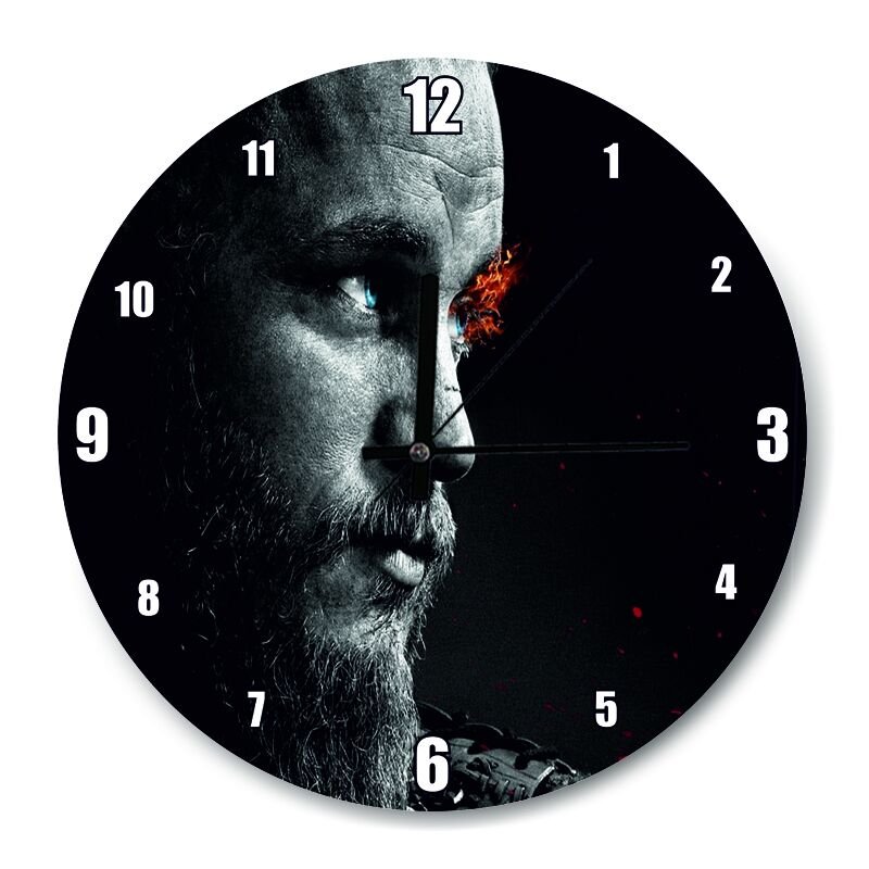 Vikingler Ragnar Karanlık Arkaplan   Mdf Ahşap Duvar Saati 30 cm Çap