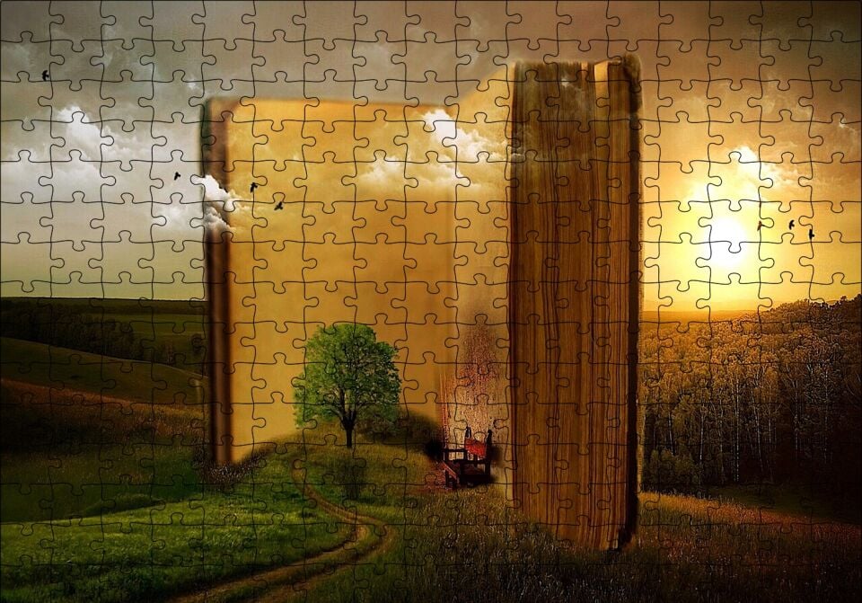 Açık Kitap ve Tabiat İllüstrasyon Puzzle Yapboz MDF Ahşap 255 Parça 34 cm X 49 cm