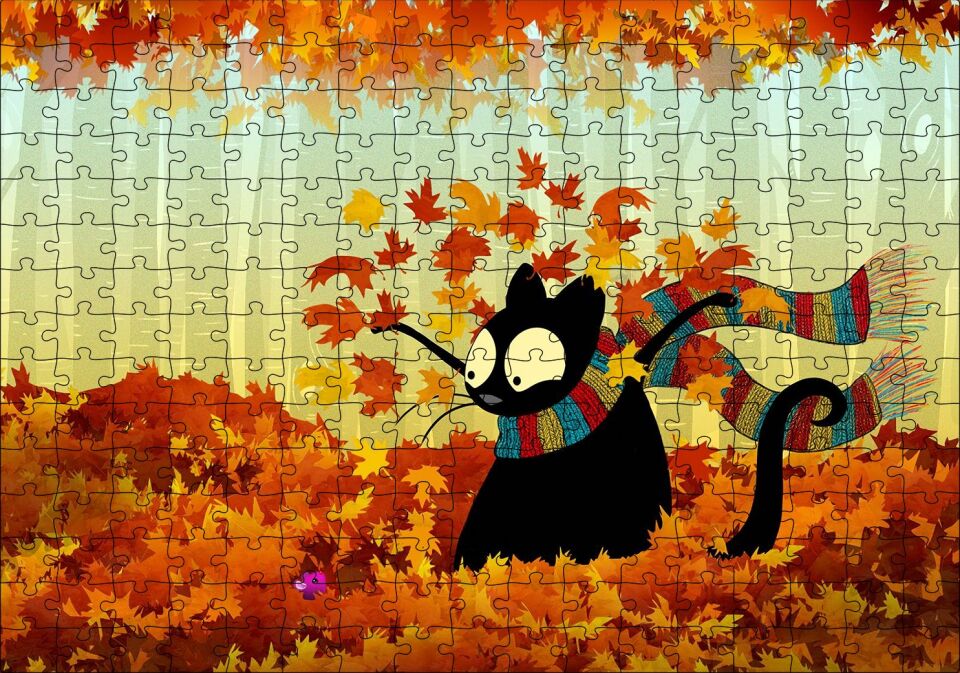 Sonbahar Atkılı Kara Kedi Ve Fare Görseli Puzzle Yapboz MDF Ahşap 255 Parça 34 cm X 49 cm