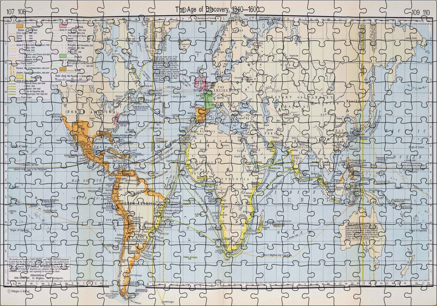 Keşifler Çağı Dünya Haritası 1340-1600 Arası Puzzle Yapboz MDF Ahşap 255 Parça 34 cm X 49 cm