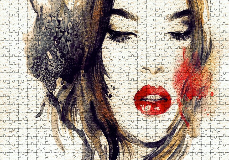 Kadın İllüstrasyon Boyama Sanatı Puzzle Yapboz MDF Ahşap 500 Parça 49 cm X 68 cm