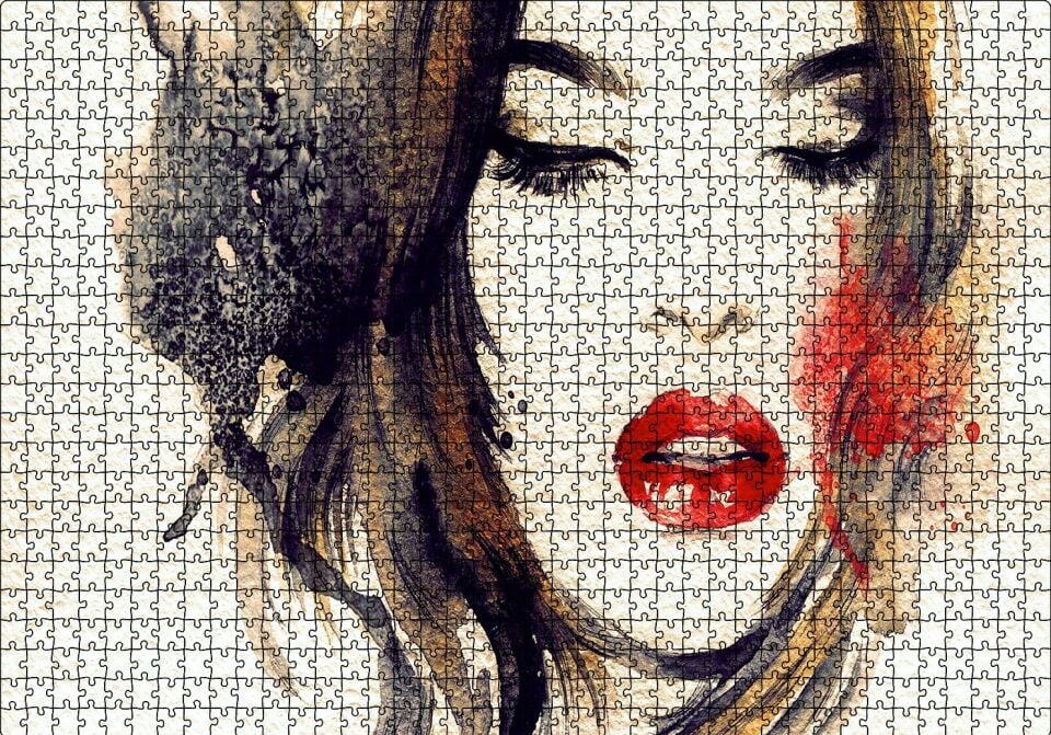 Kadın İllüstrasyon Boyama Sanatı Puzzle Yapboz MDF Ahşap 1000 Parça 49 cm X 68 cm