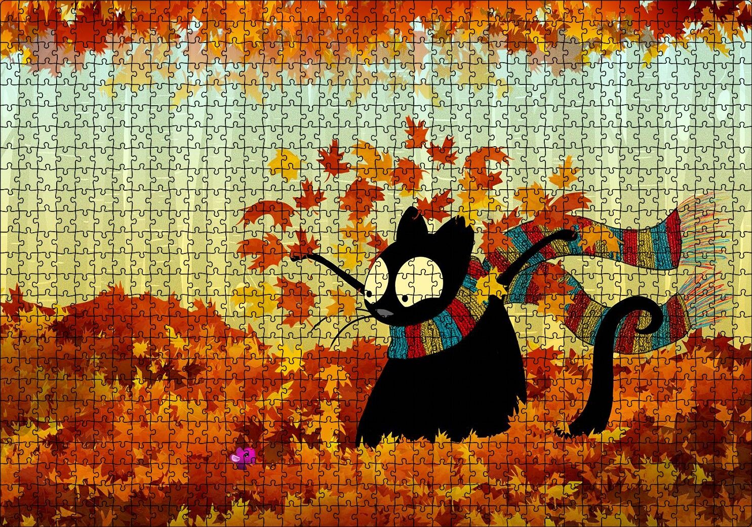 Sonbahar Atkılı Kara Kedi Ve Fare Görseli Puzzle Yapboz MDF Ahşap 1000 Parça 49 cm X 68 cm