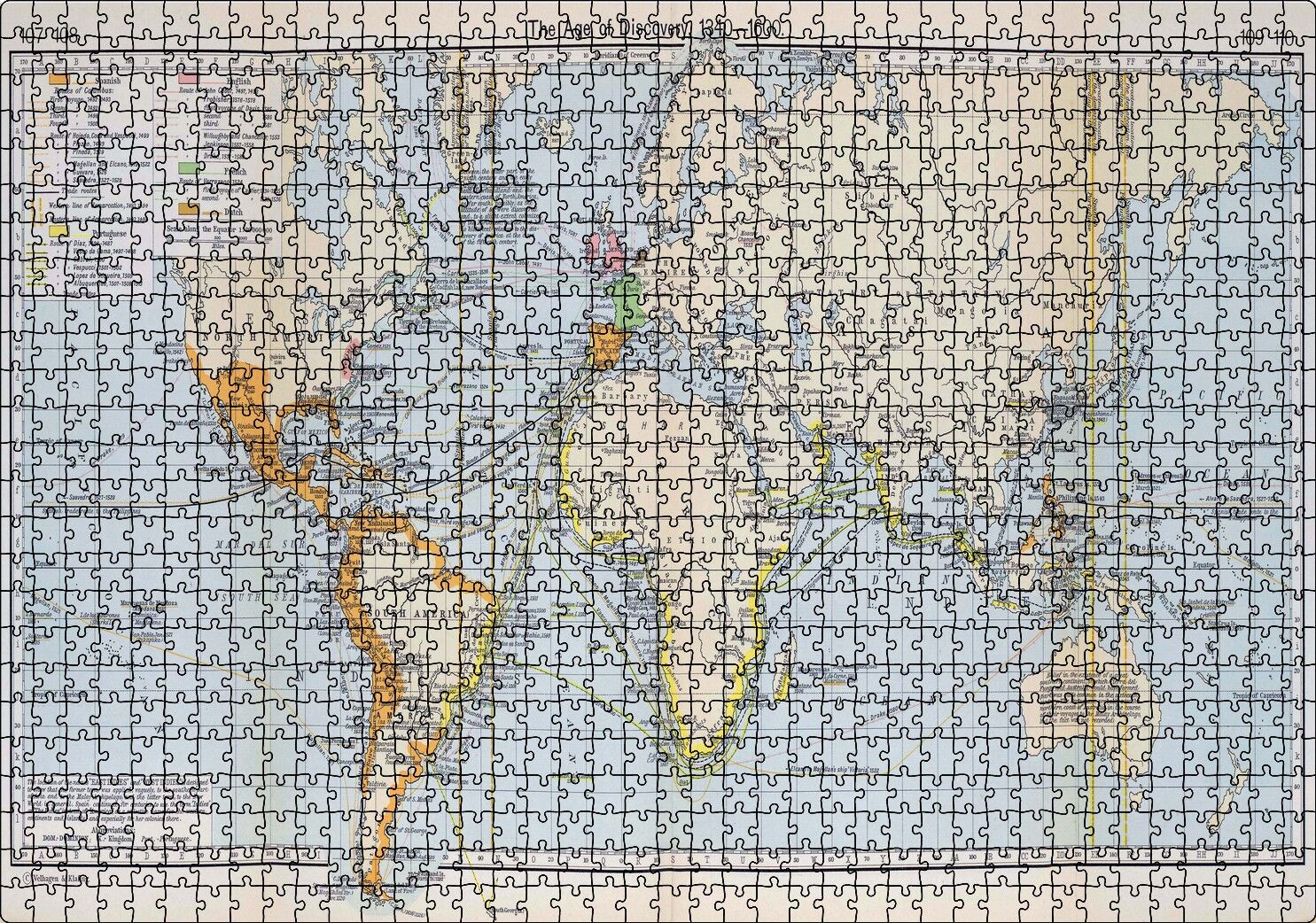Keşifler Çağı Dünya Haritası 1340-1600 Arası Puzzle Yapboz MDF Ahşap 1000 Parça 49 cm X 68 cm
