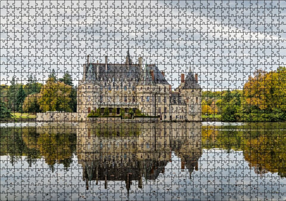 Göl Kıyısındaki Görkemli Şato ve Orman Puzzle Yapboz MDF Ahşap 1000 Parça 49 cm X 68 cm
