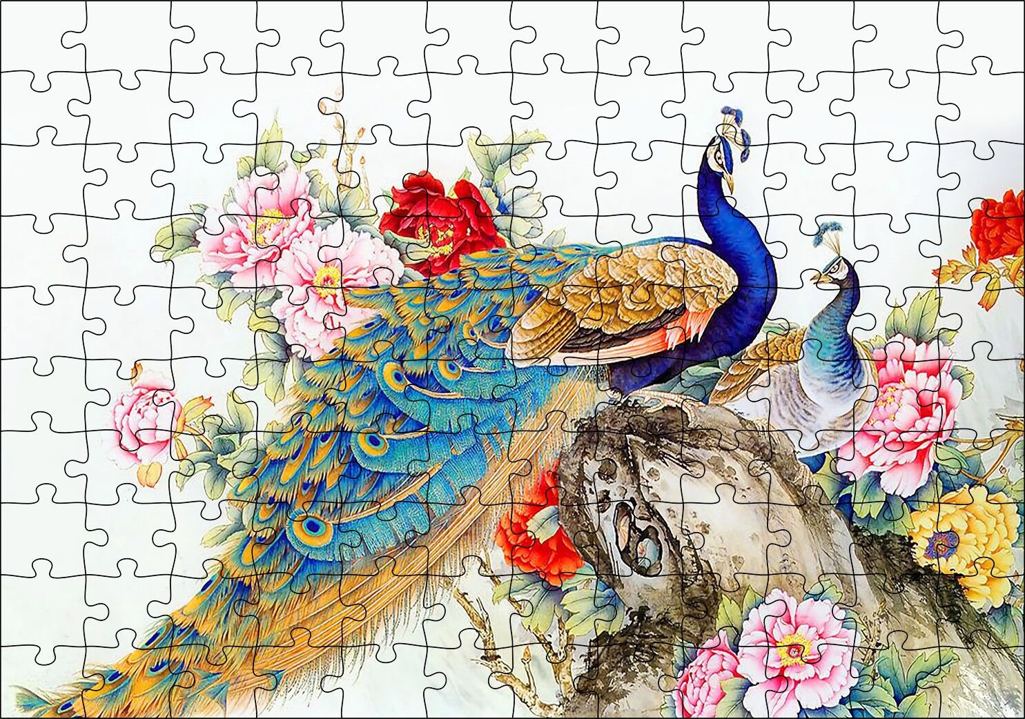 Tavuskuşları ve Çiçekler Dijital Çizim Puzzle Yapboz MDF Ahşap