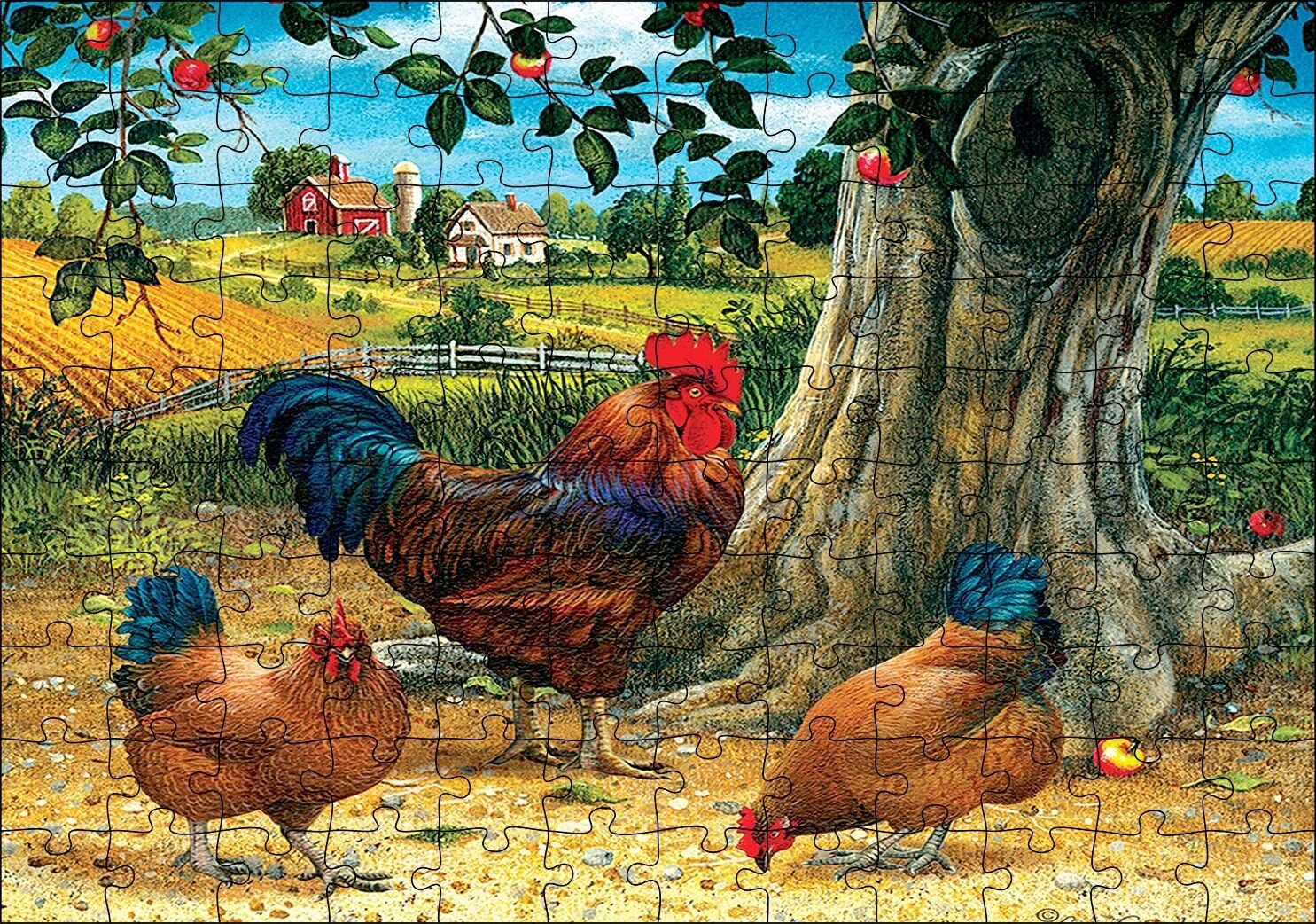 Tavuk Horoz Elma Ağacı Ev Manzarası Görseli Puzzle Yapboz MDF Ahşap 120 Parça 24 cm X 34 cm