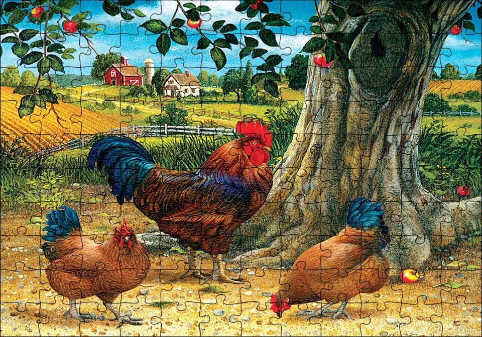 Tavuk Horoz Elma Ağacı Ev Manzarası Görseli Puzzle Yapboz MDF Ahşap 120 Parça 24 cm X 34 cm