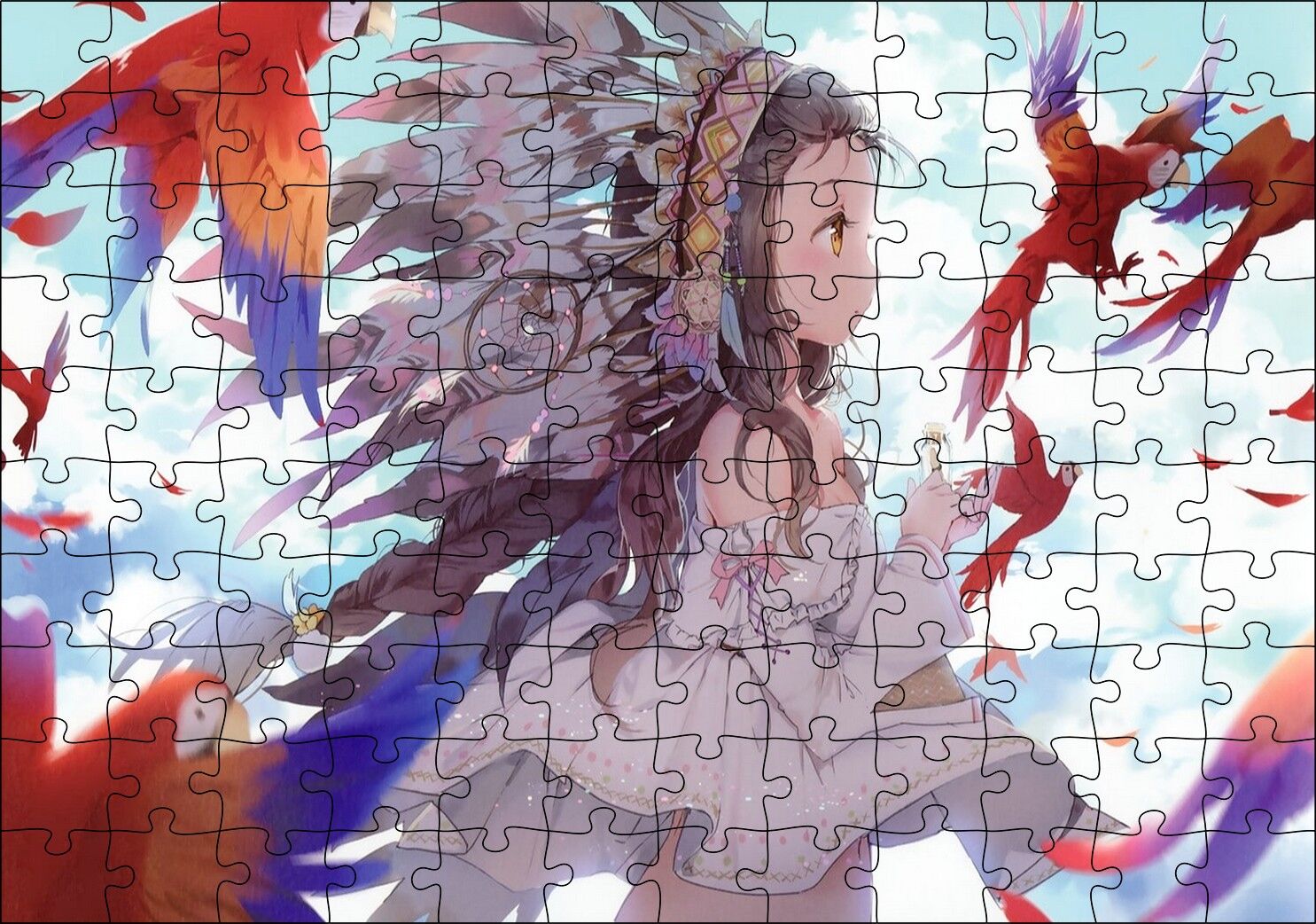 Anime Kız Ve Papağanlar Görseli Puzzle Yapboz MDF Ahşap 120 Parça 24 cm X 34 cm