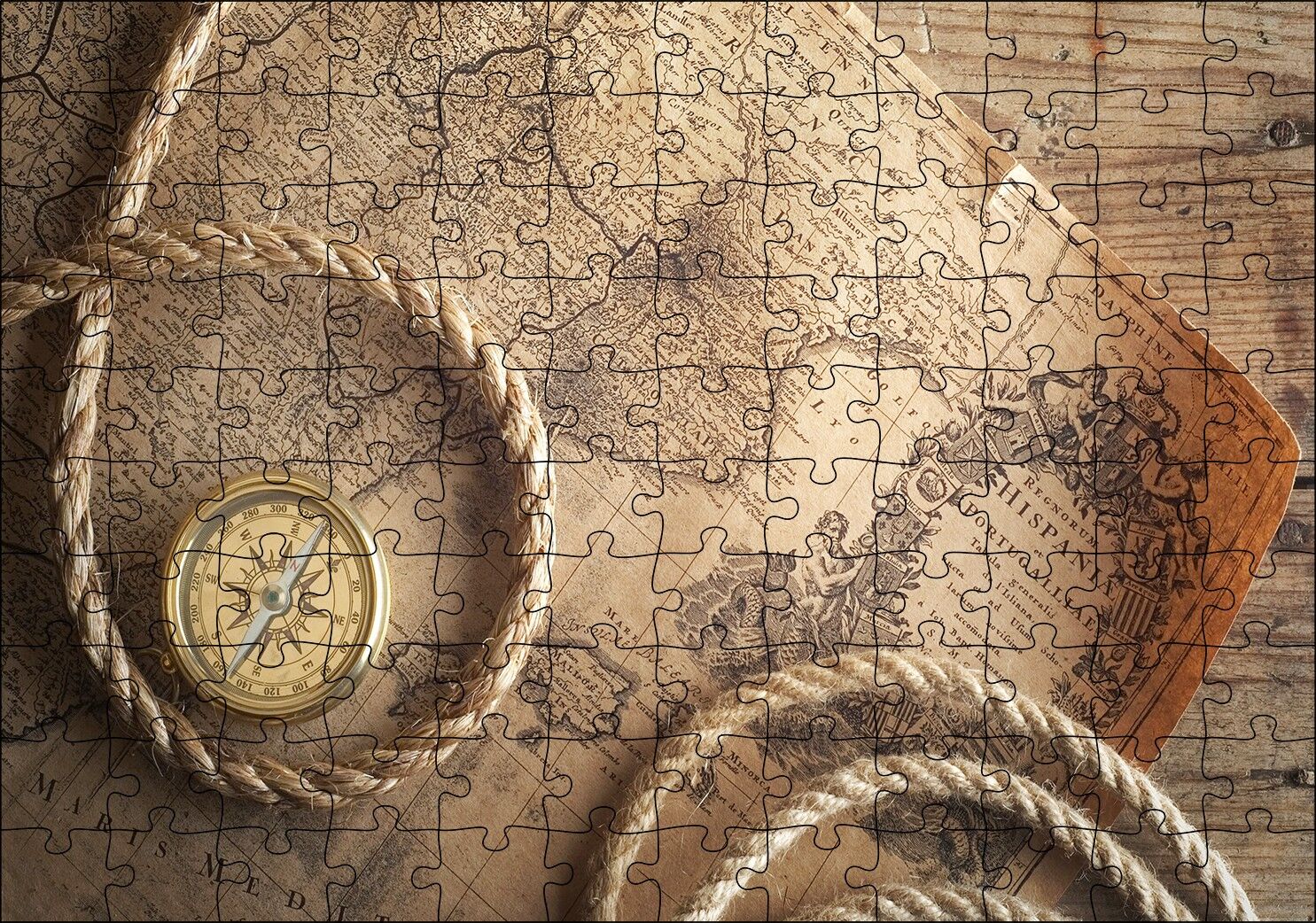 Eski İspanya Portekiz Haritası Pusula ve Halat Puzzle Yapboz MDF Ahşap 120 Parça 24 cm X 34 cm