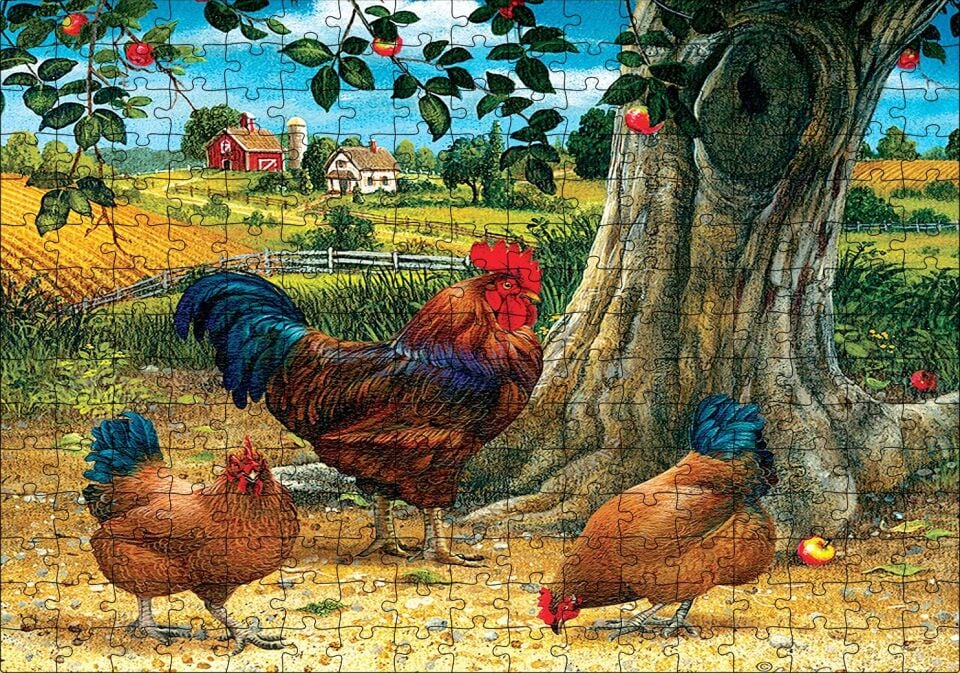 Tavuk Horoz Elma Ağacı Ev Manzarası Görseli Puzzle Yapboz MDF Ahşap 255 Parça 34 cm X 49 cm