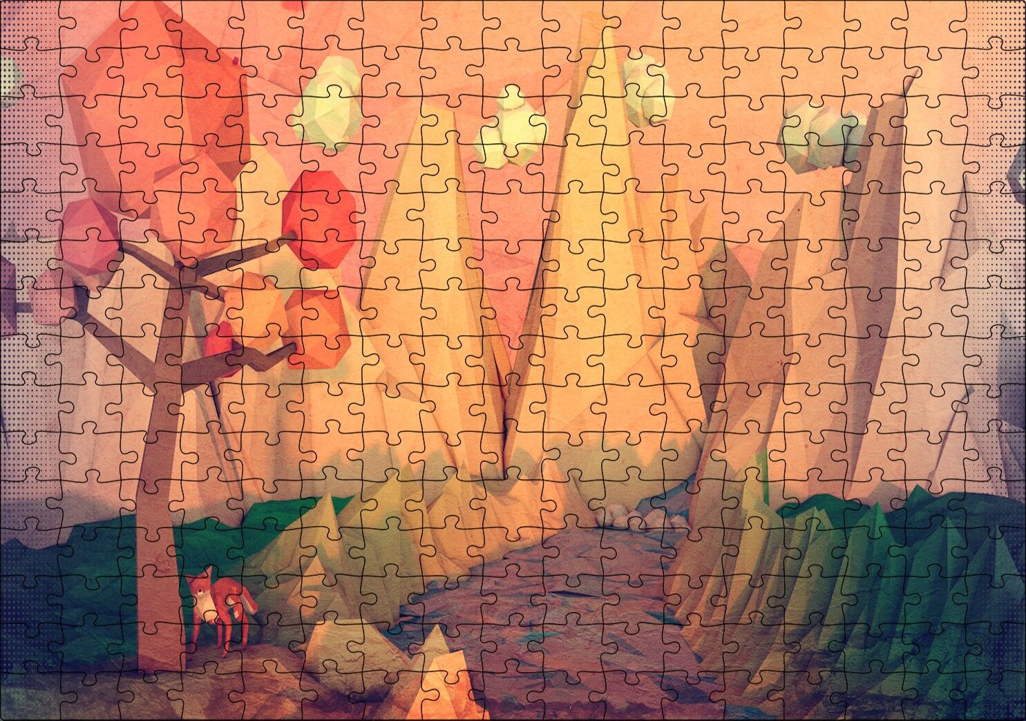 Minimalizm Tilki Ağaç Dağlar Nehir Soyut Sanat Görseli Puzzle Yapboz MDF Ahşap 255 Parça 34 cm X 49 cm