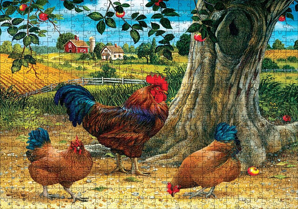 Tavuk Horoz Elma Ağacı Ev Manzarası Görseli Puzzle Yapboz MDF Ahşap 500 Parça 49 cm X 68 cm