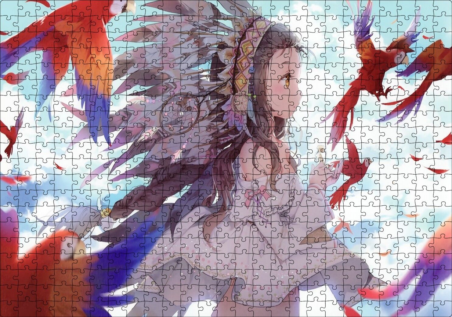 Anime Kız Ve Papağanlar Görseli Puzzle Yapboz MDF Ahşap 500 Parça 49 cm X 68 cm