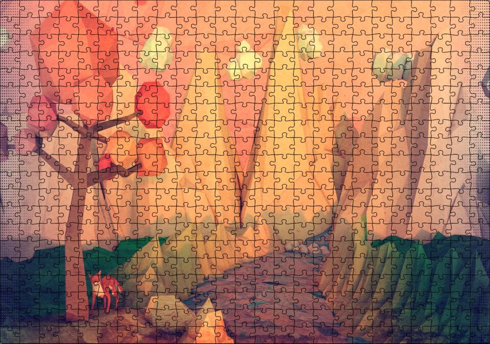 Minimalizm Tilki Ağaç Dağlar Nehir Soyut Sanat Görseli Puzzle Yapboz MDF Ahşap 500 Parça 49 cm X 68 cm