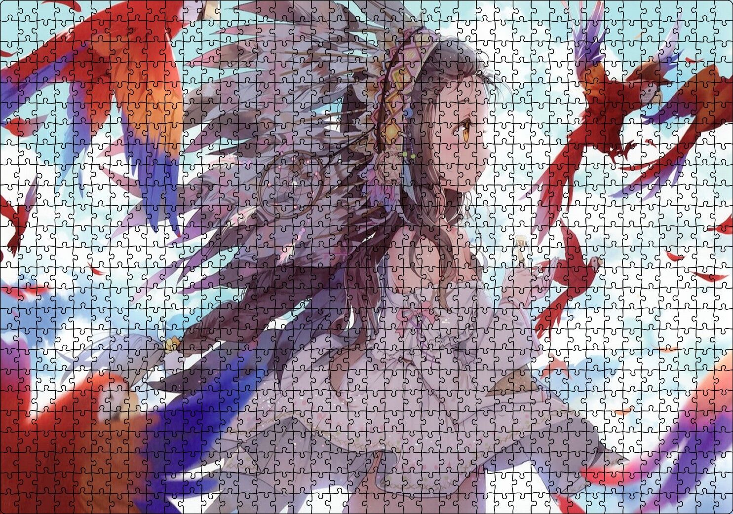 Anime Kız Ve Papağanlar Görseli Puzzle Yapboz MDF Ahşap 1000 Parça 49 cm X 68 cm