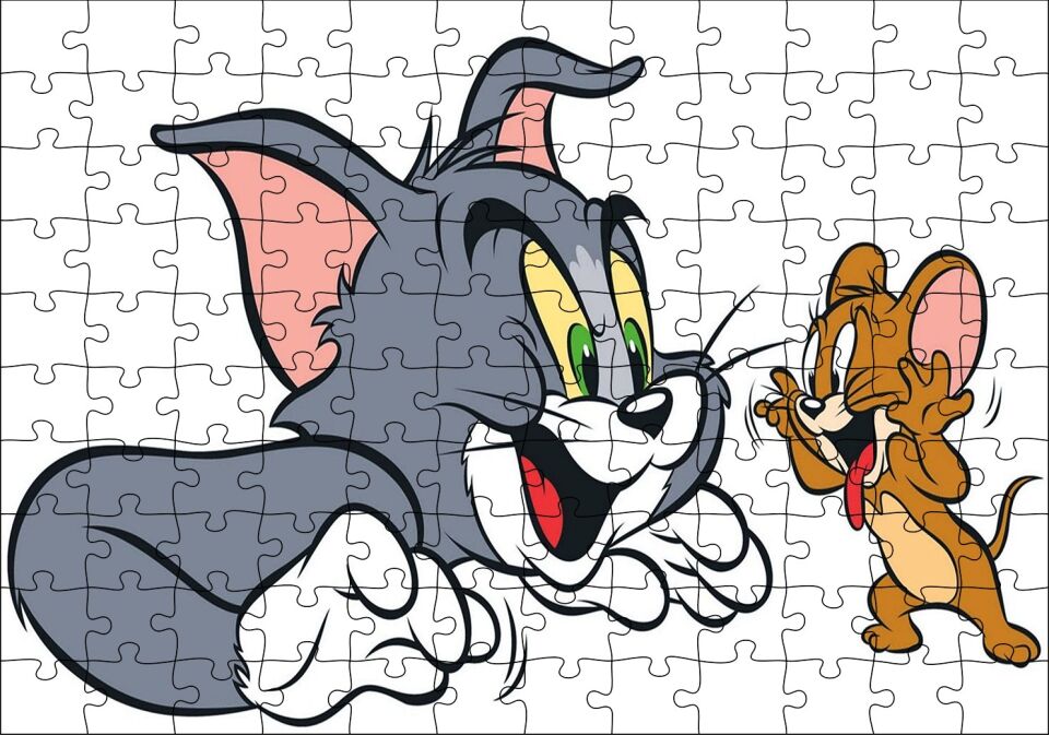 Tom ve Jerry Beyaz Arka Plan Puzzle Yapboz MDF Ahşap