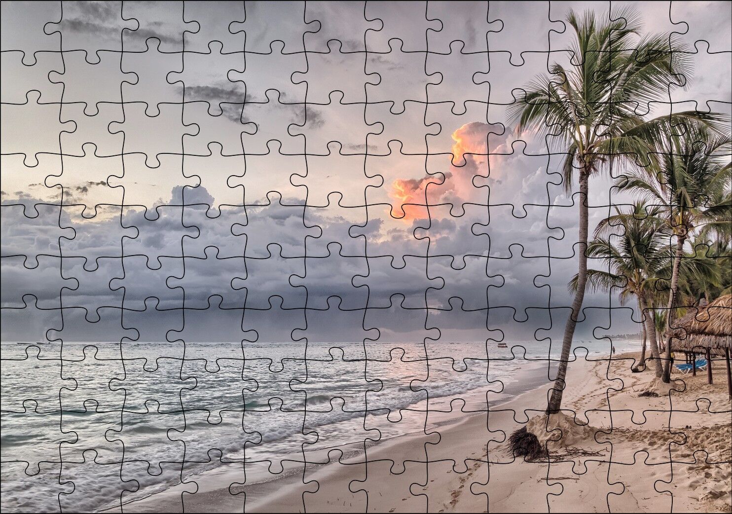 Gündoğumu Issız Kumsal Palmiyeler ve Bulutlar Puzzle Yapboz MDF Ahşap 120 Parça 24 cm X 34 cm