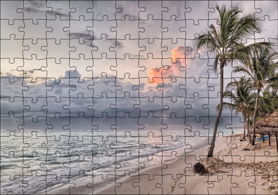 Gündoğumu Issız Kumsal Palmiyeler ve Bulutlar Puzzle Yapboz MDF Ahşap 120 Parça 24 cm X 34 cm