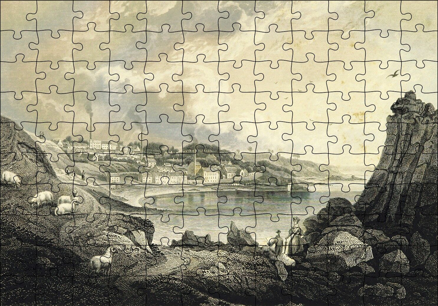 Koyda Binalar Yamaçta Koyunlar Puzzle Yapboz MDF Ahşap