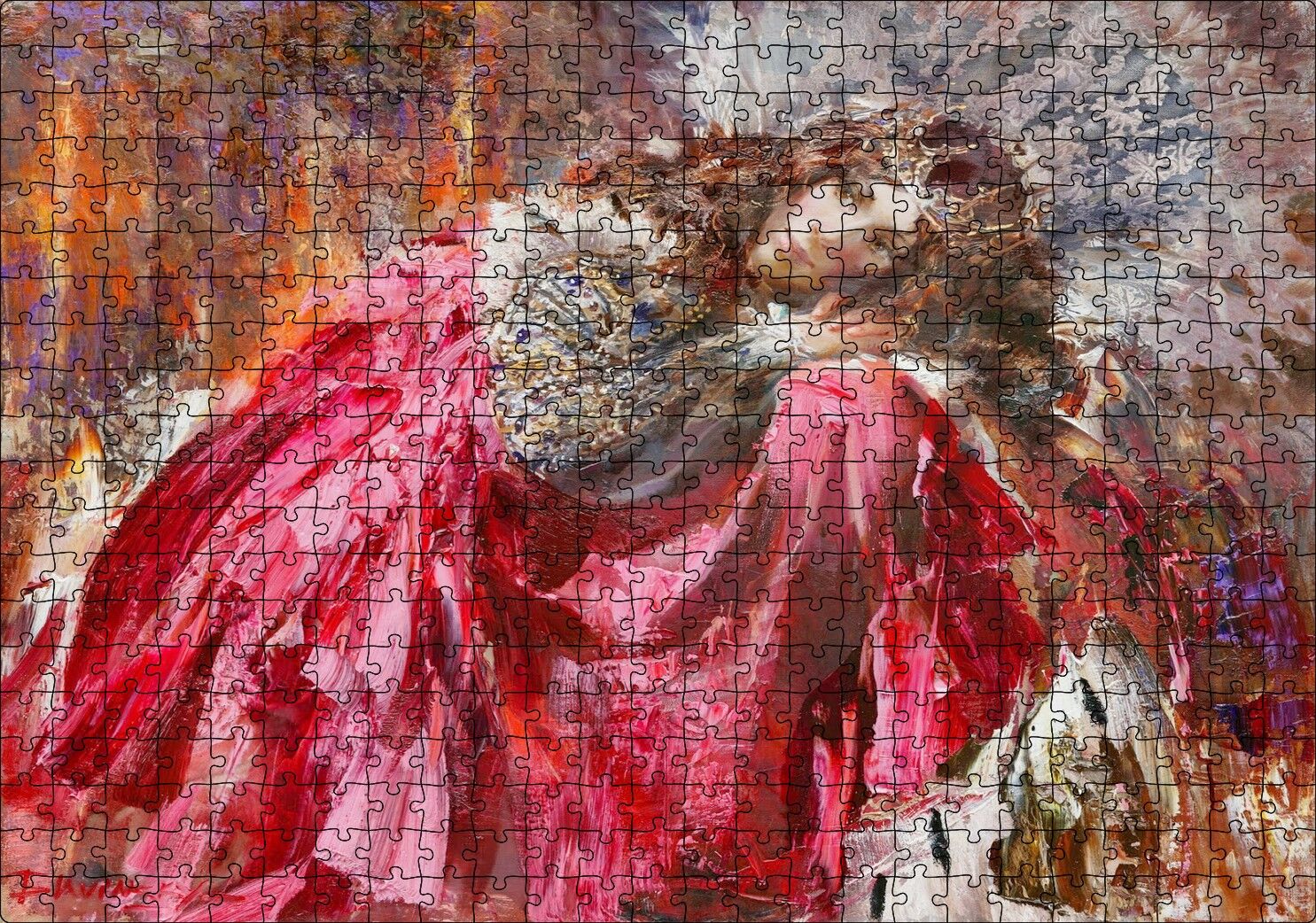 Kırmızı Beyaz Taşlı Elbiseli Kraliçe Puzzle Yapboz MDF Ahşap 500 Parça 49 cm X 68 cm