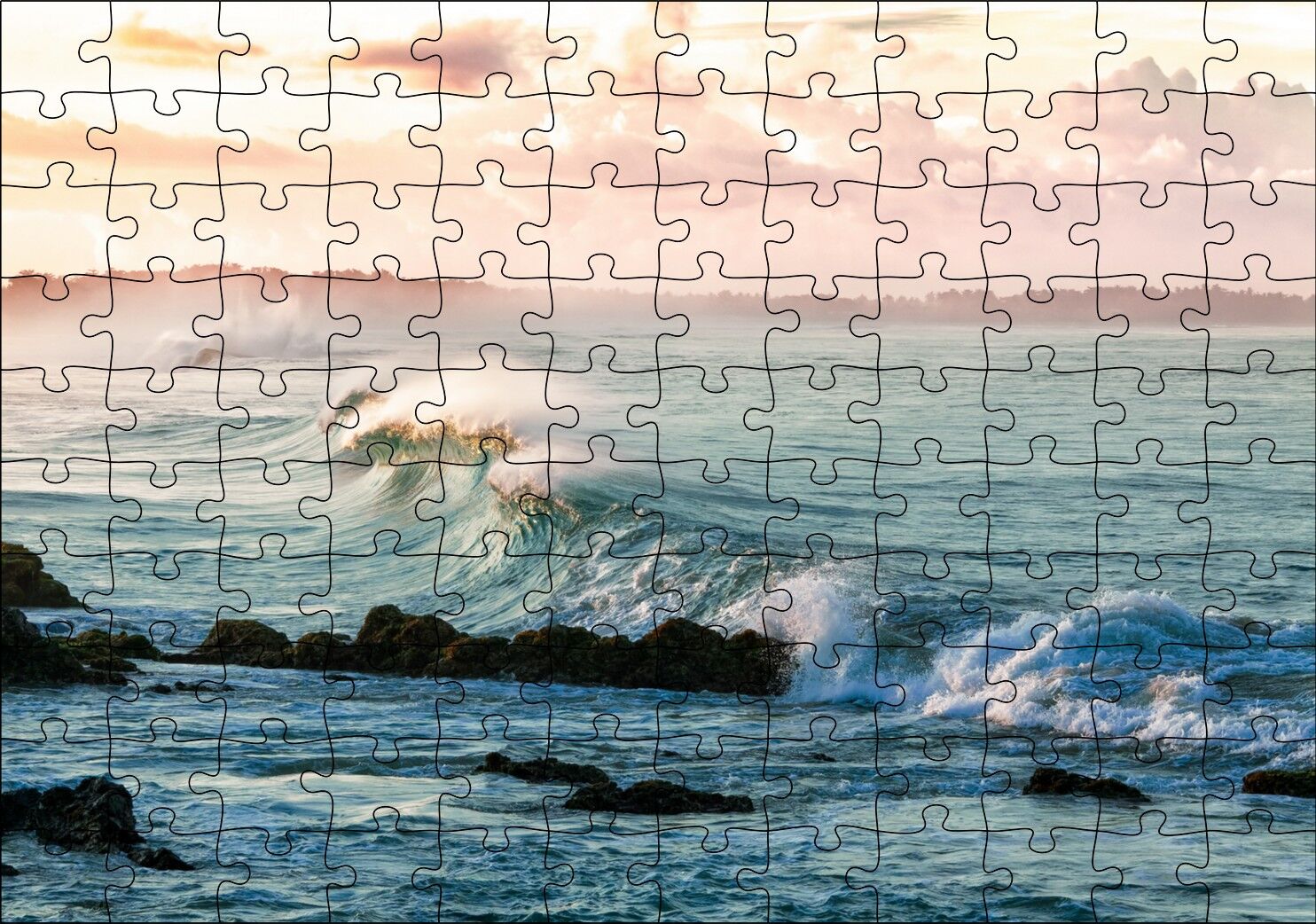 Gündoğumunda Okyanus Kıyısı ve Dalgalar Puzzle Yapboz MDF Ahşap