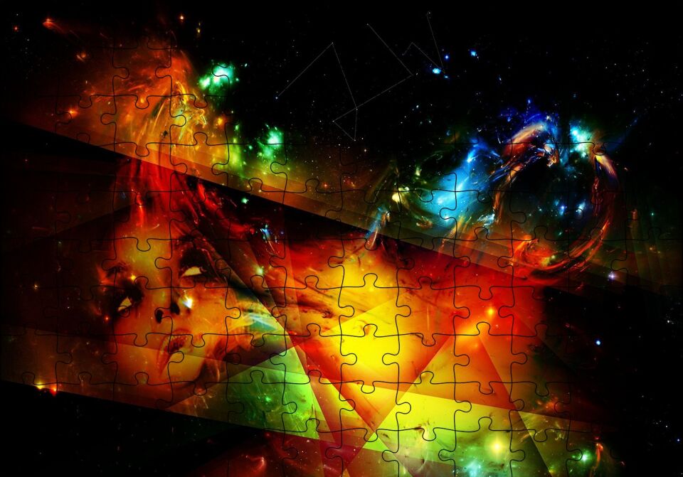 Kadın Yüzü Geometrik Şekiller ve Spot Işıklar Puzzle Yapboz MDF Ahşap 120 Parça 24 cm X 34 cm