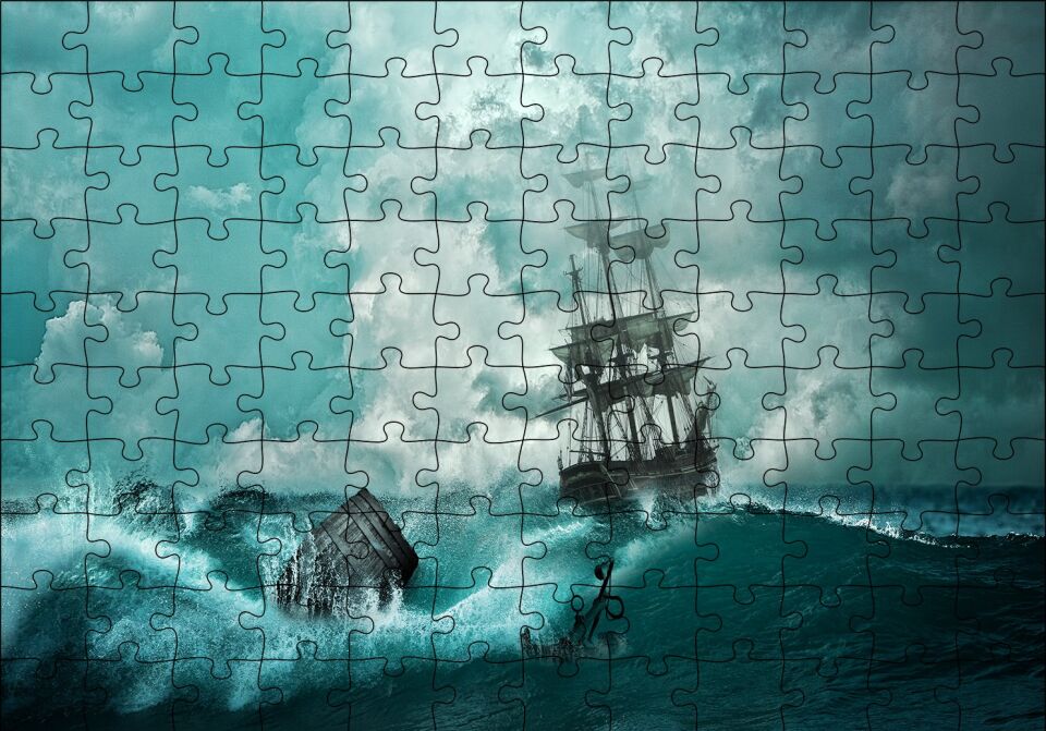 Azgın Dalgalar ve Yelkenli Puzzle Yapboz MDF Ahşap 120 Parça 24 cm X 34 cm