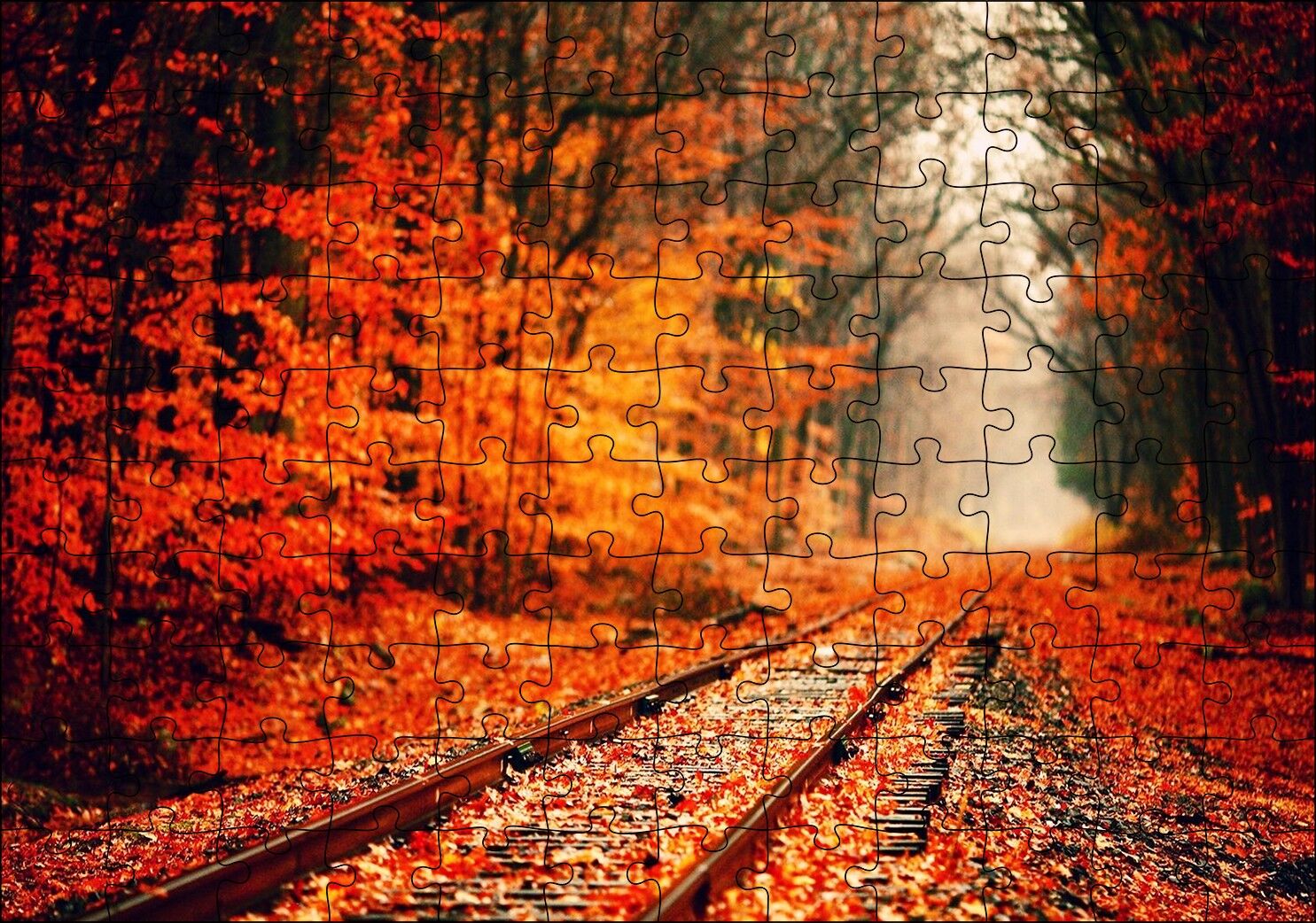 Tren Yolu Orman Bir Sonbahar Resmi Puzzle Yapboz MDF Ahşap 120 Parça 24 cm X 34 cm