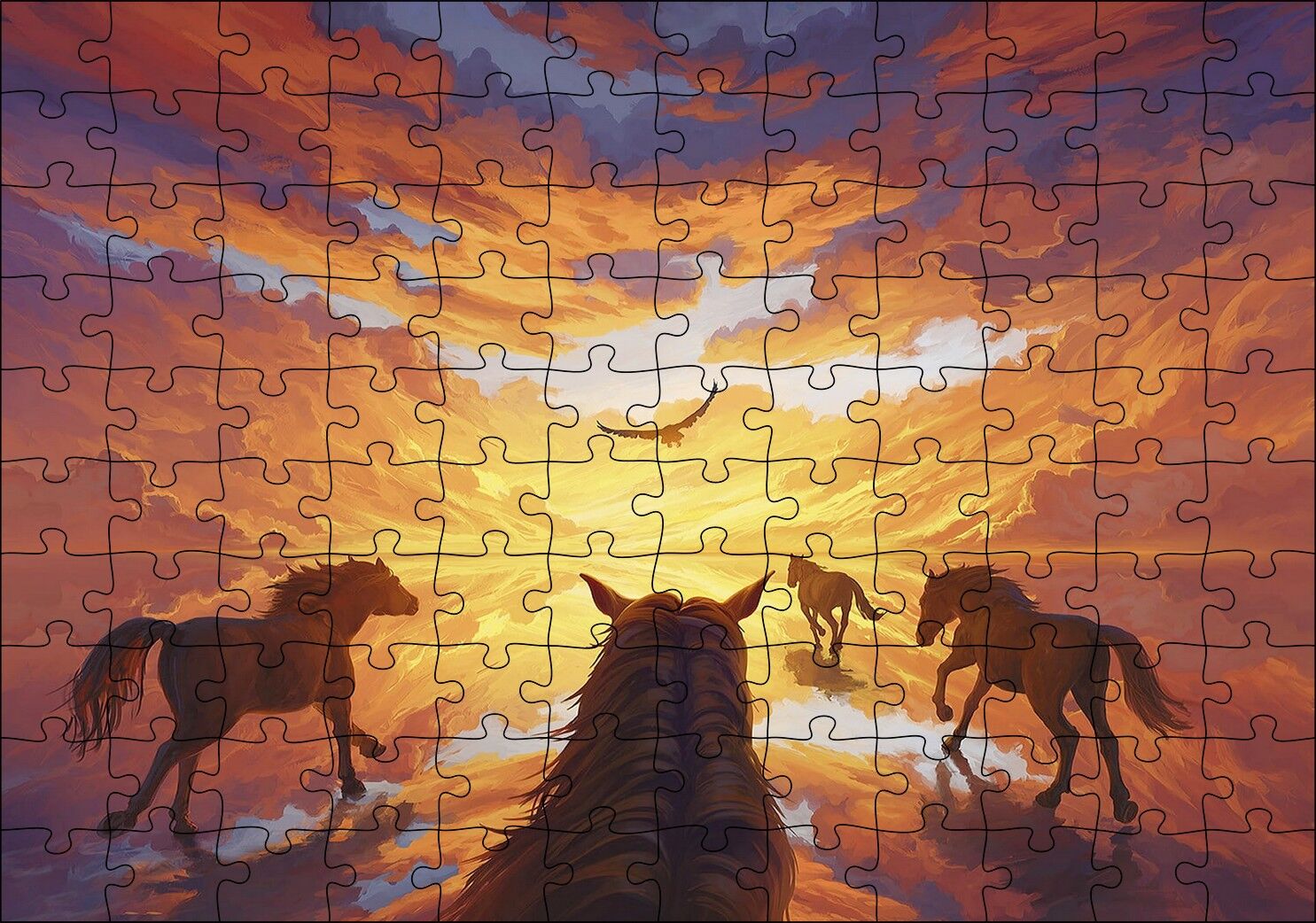 Güne Koşan Atlar Fantastik Puzzle Yapboz MDF Ahşap