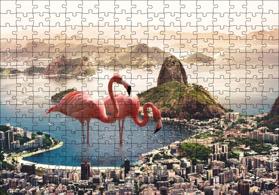 Şehir Deniz Filamingolar Fantastik Puzzle Yapboz MDF Ahşap 255 Parça 34 cm X 49 cm