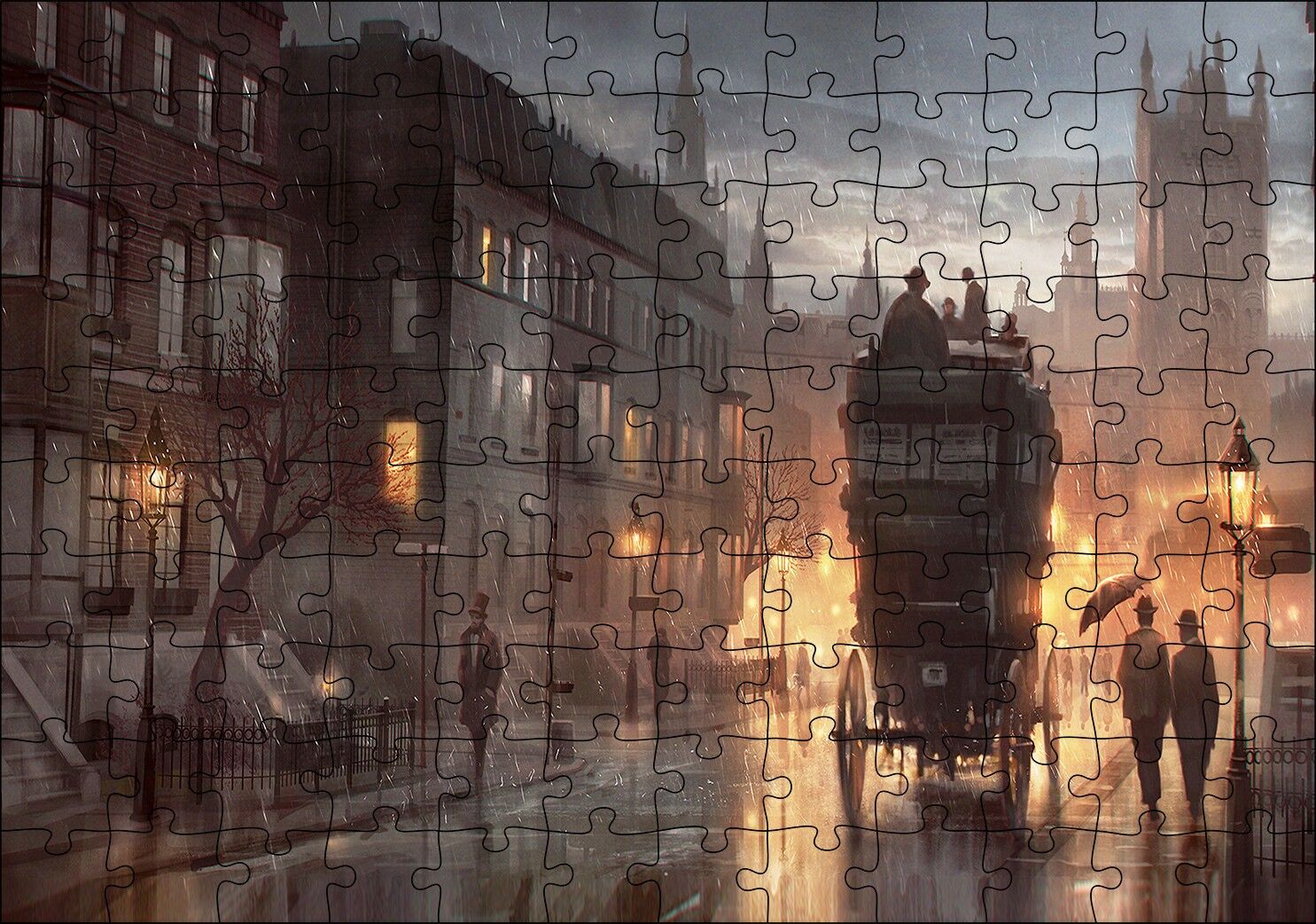 Yağmurlu Akşamda Sokakta Arabalar ve İnsanlar Puzzle Yapboz MDF Ahşap