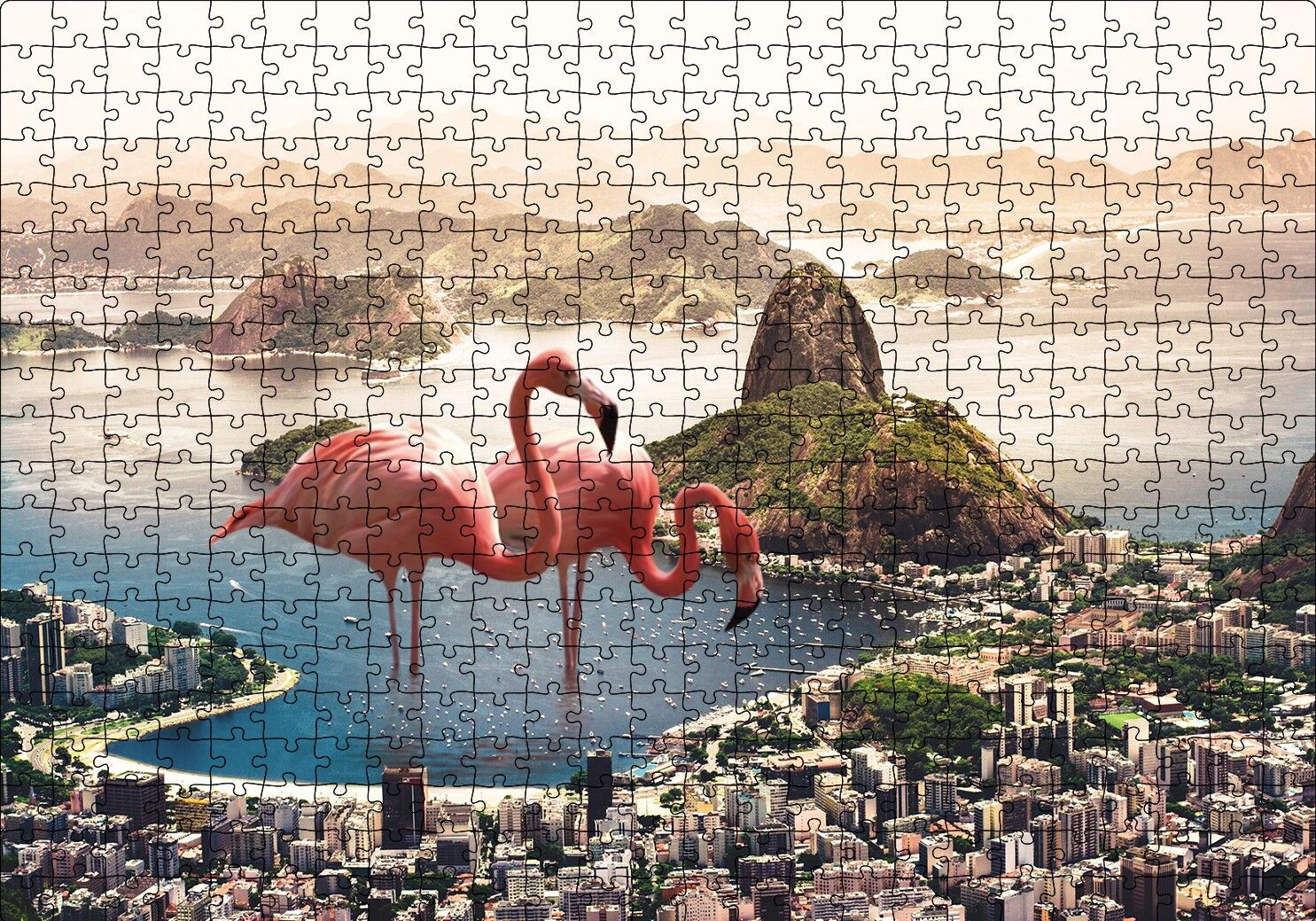 Şehir Deniz Filamingolar Fantastik Puzzle Yapboz MDF Ahşap 500 Parça 49 cm X 68 cm