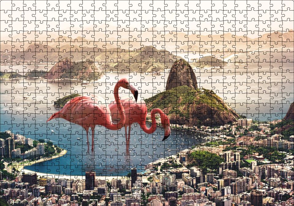 Şehir Deniz Filamingolar Fantastik Puzzle Yapboz MDF Ahşap 500 Parça 49 cm X 68 cm