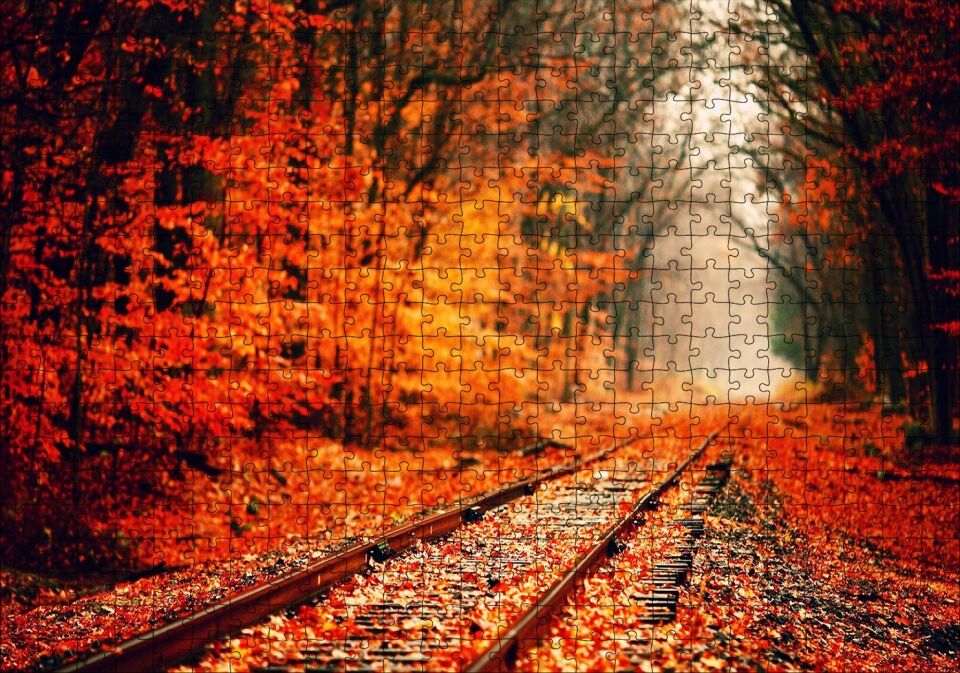 Tren Yolu Orman Bir Sonbahar Resmi Puzzle Yapboz MDF Ahşap 500 Parça 49 cm X 68 cm