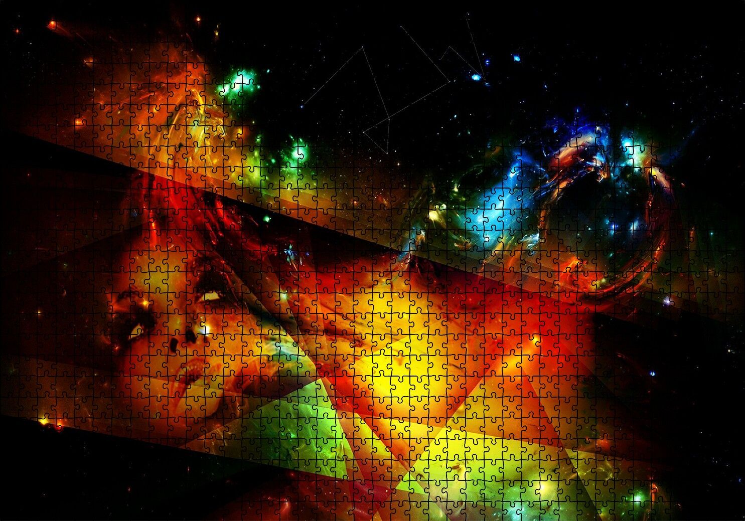 Kadın Yüzü Geometrik Şekiller ve Spot Işıklar Puzzle Yapboz MDF Ahşap 1000 Parça 49 cm X 68 cm