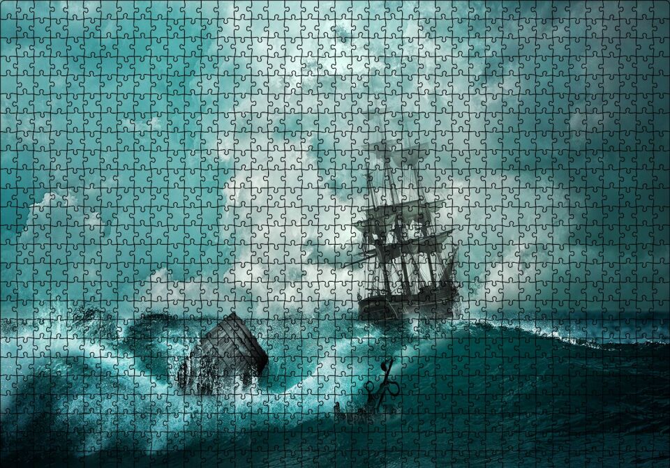 Azgın Dalgalar ve Yelkenli Puzzle Yapboz MDF Ahşap 1000 Parça 49 cm X 68 cm