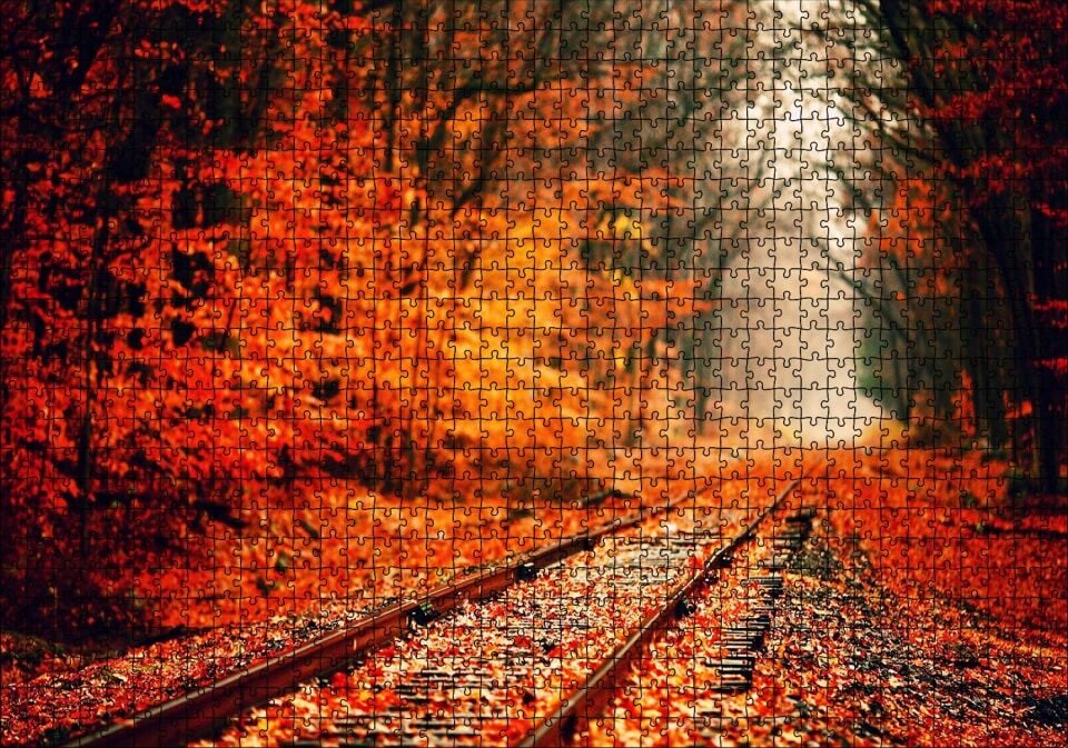 Tren Yolu Orman Bir Sonbahar Resmi Puzzle Yapboz MDF Ahşap 1000 Parça 49 cm X 68 cm