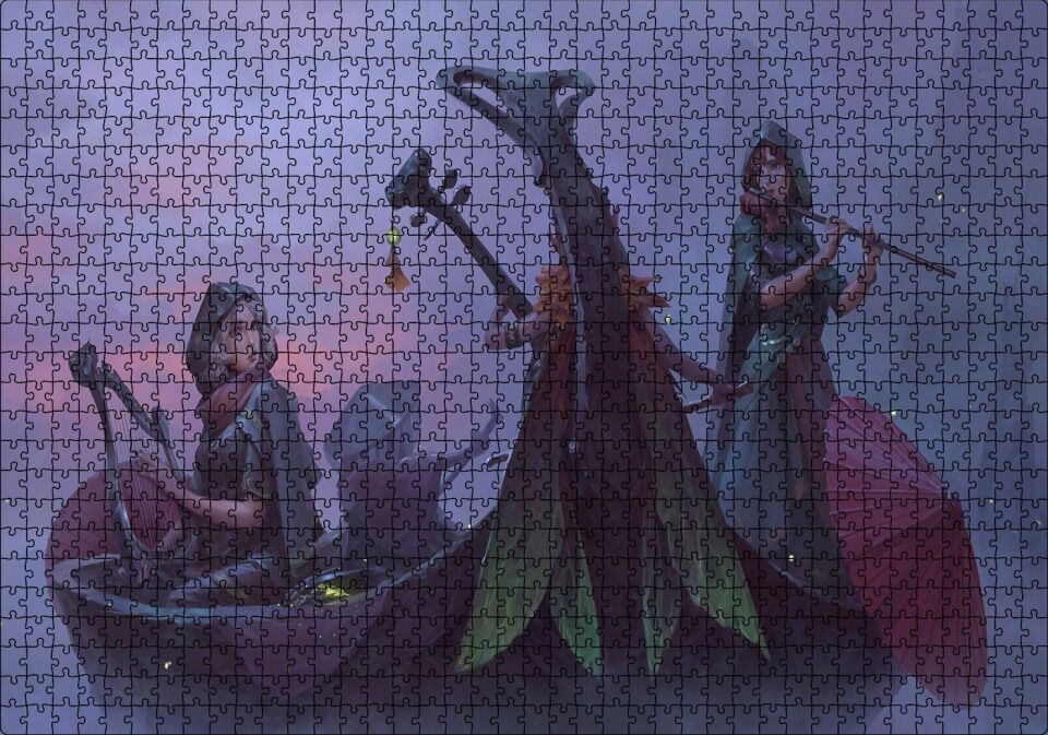 Gece Sisler Arasındaki Kayık ve Çalgıcı Kızlar Puzzle Yapboz MDF Ahşap 1000 Parça 49 cm X 68 cm