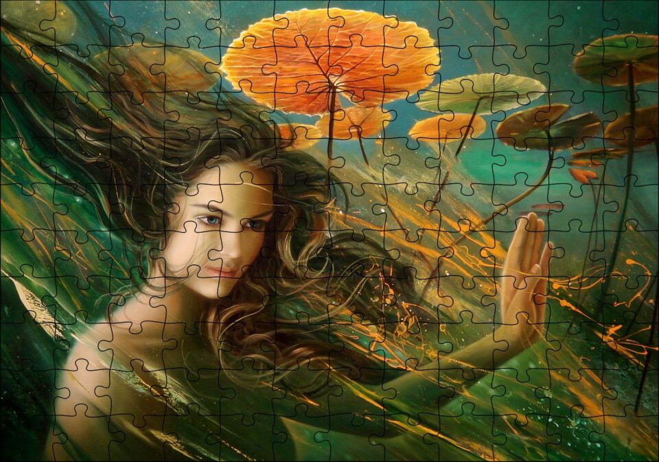 Genç Kadın ve Dev Yapraklar Yağlıboya Efekt Puzzle Yapboz MDF Ahşap 120 Parça 24 cm X 34 cm