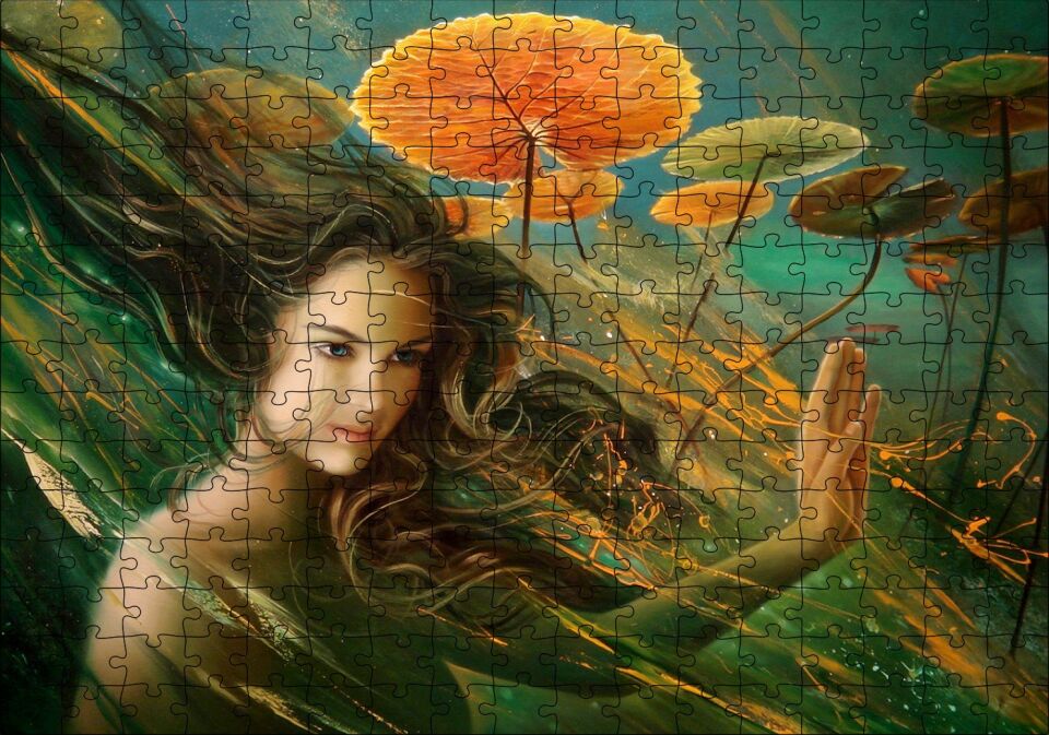 Genç Kadın ve Dev Yapraklar Yağlıboya Efekt Puzzle Yapboz MDF Ahşap 255 Parça 34 cm X 49 cm
