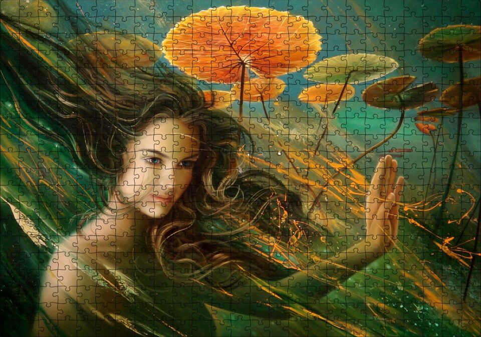 Genç Kadın ve Dev Yapraklar Yağlıboya Efekt Puzzle Yapboz MDF Ahşap 500 Parça 49 cm X 68 cm