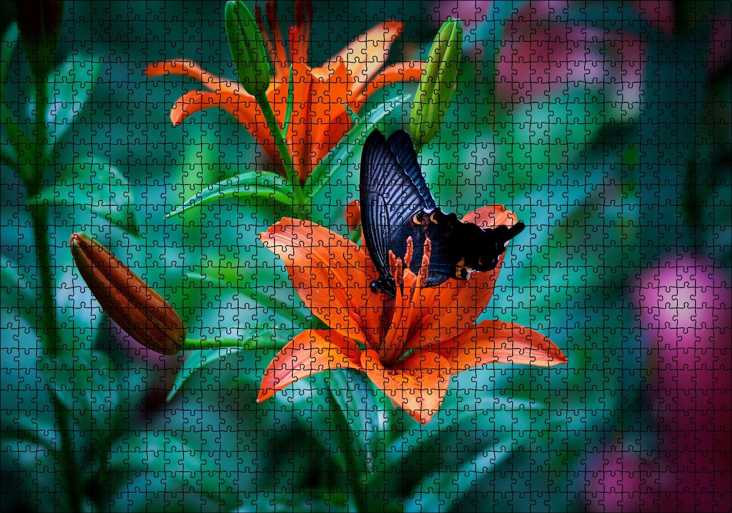 Truncu Lilyum Çiçeği Ve Mavi Kelebek Görseli Puzzle Yapboz MDF Ahşap 1000 Parça 49 cm X 68 cm