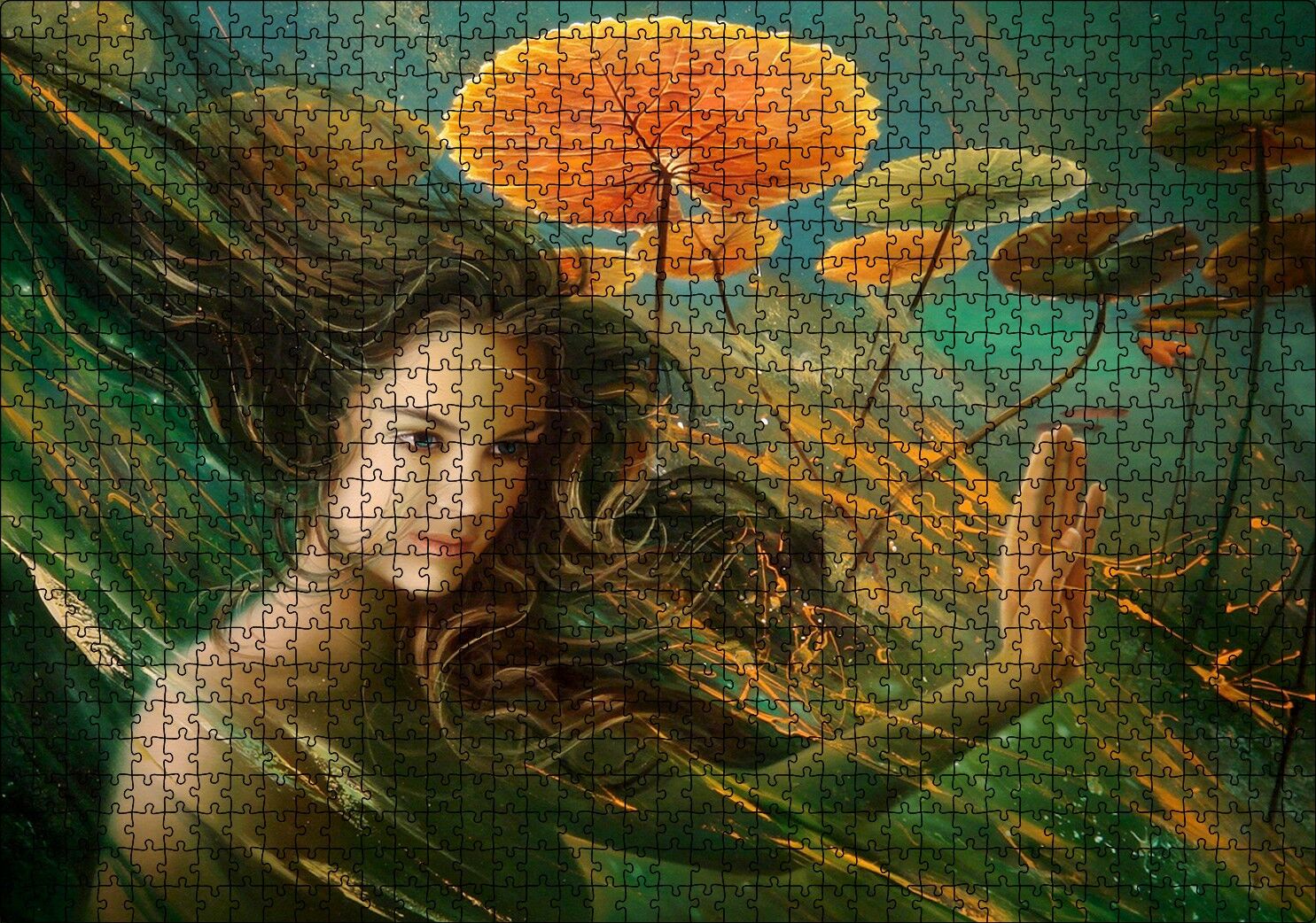 Genç Kadın ve Dev Yapraklar Yağlıboya Efekt Puzzle Yapboz MDF Ahşap 1000 Parça 49 cm X 68 cm