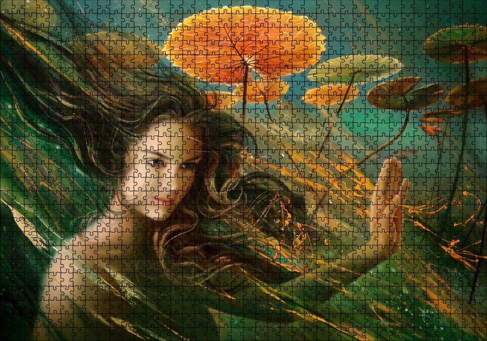 Genç Kadın ve Dev Yapraklar Yağlıboya Efekt Puzzle Yapboz MDF Ahşap 1000 Parça 49 cm X 68 cm