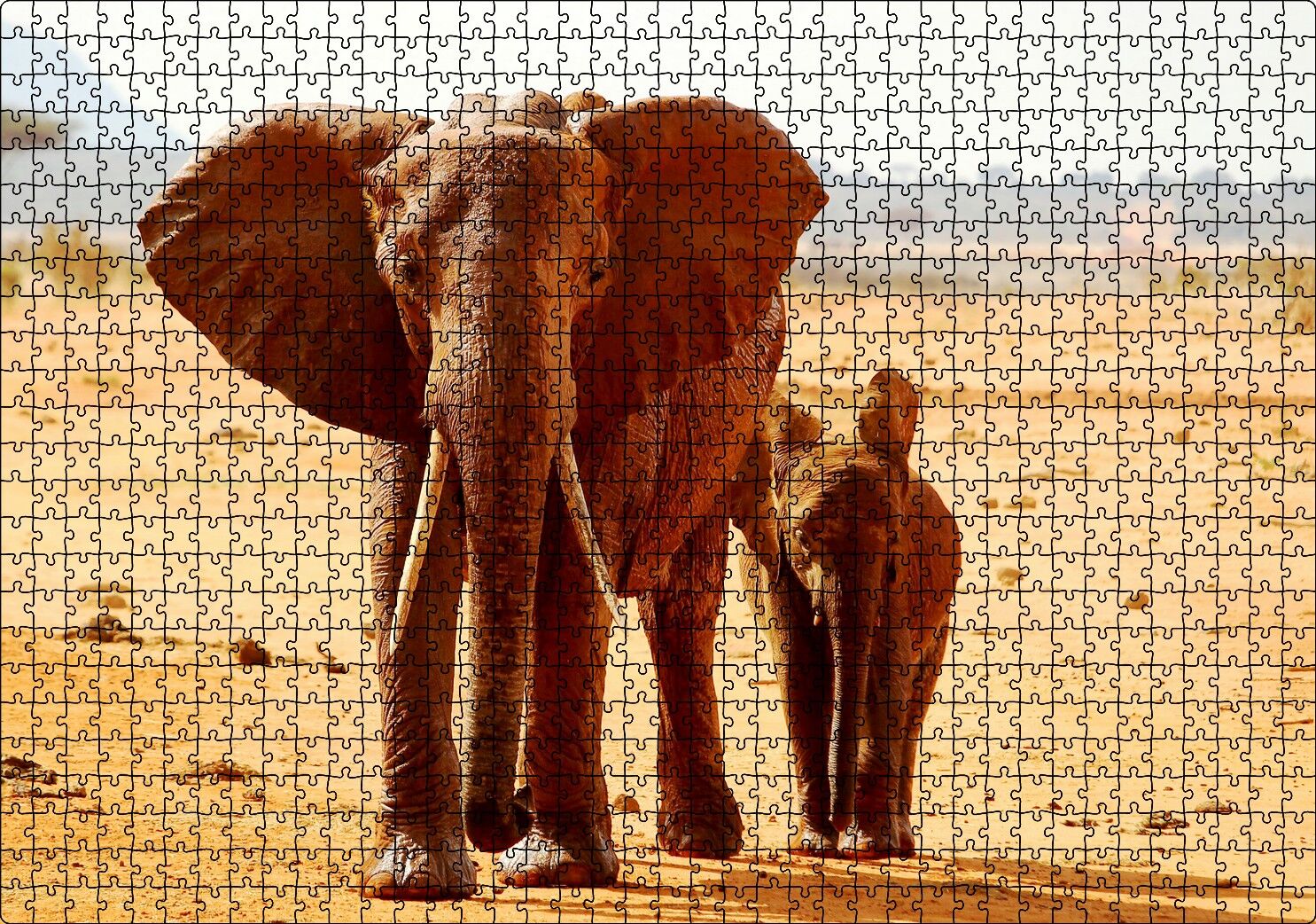 Afrika Savanada Anne Fil ve Yavrusu Puzzle Yapboz MDF Ahşap 1000 Parça 49 cm X 68 cm