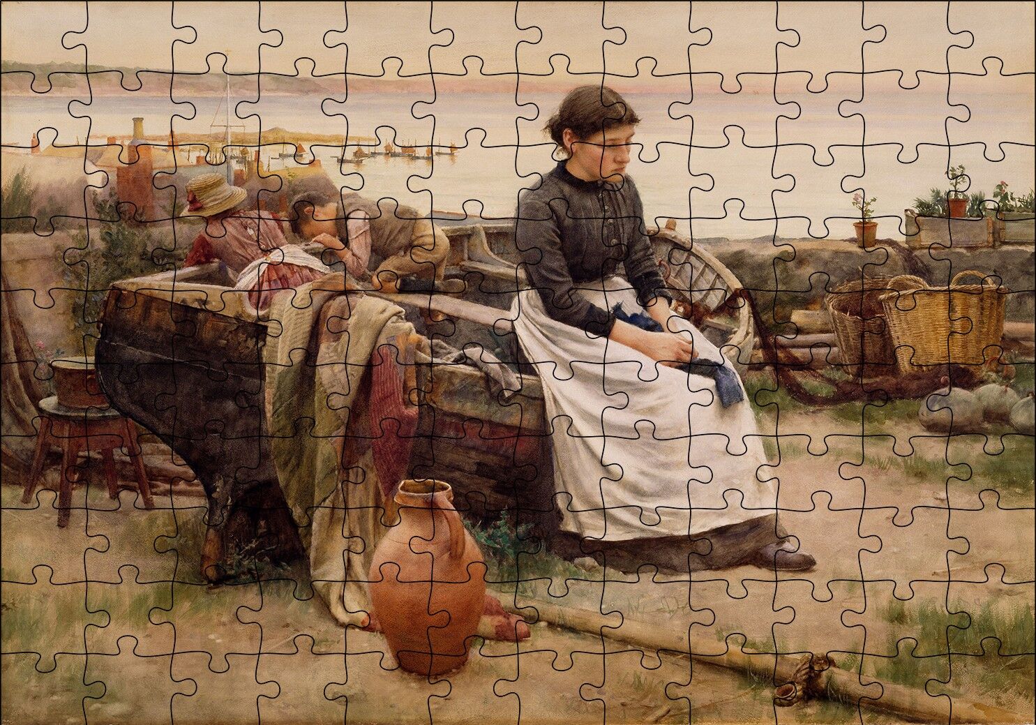 Sandalda Çocuklar ve Kederli Kadın Puzzle Yapboz MDF Ahşap